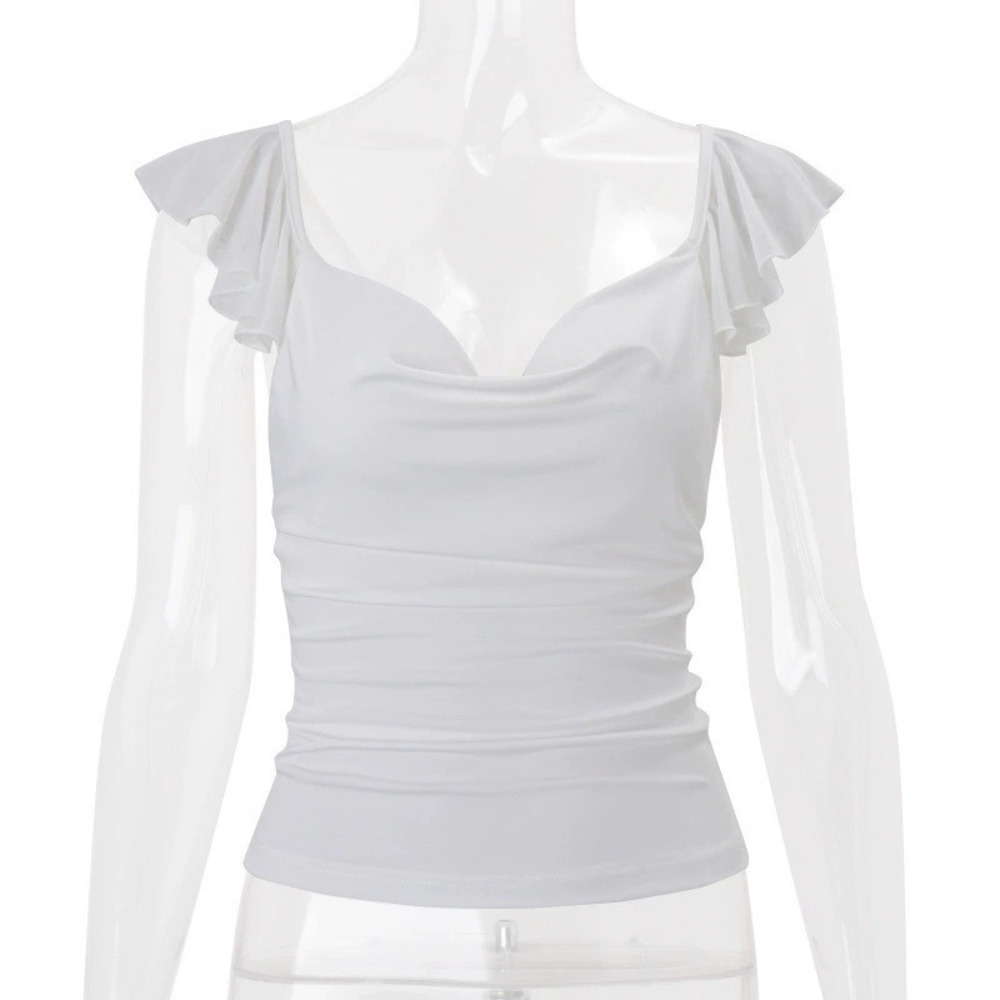 Zara Spring Ruffle Trim Fitted Solid Color Collared Crop Top - Picture 6 of 6